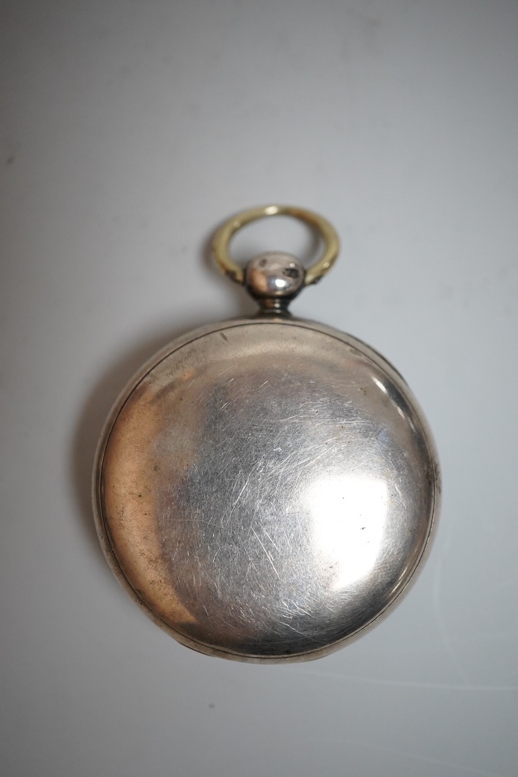 A late William IV silver open faced pocket watch, by William Latch, Newport, with Roman dial, together with a late Victorian silver open faced pocket watch and a Swiss 935 standard open faced pocket watch, retailed by Pi